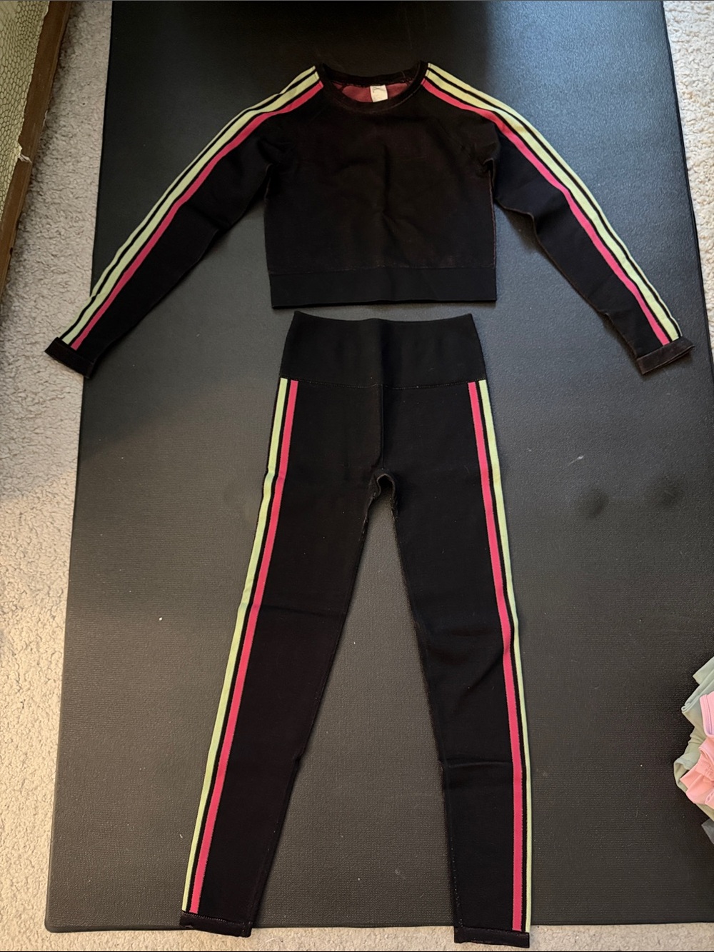 Fabeletics Two-Piece Active Set with Pink and Lime Side Stripes size small